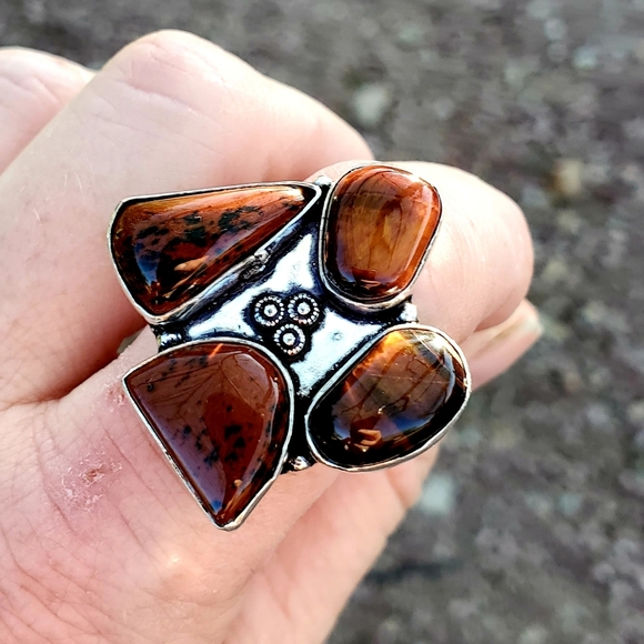 New Tiger Eye & Mahogany Obsidian 925 Silver Ring. - Picture 10 of 15